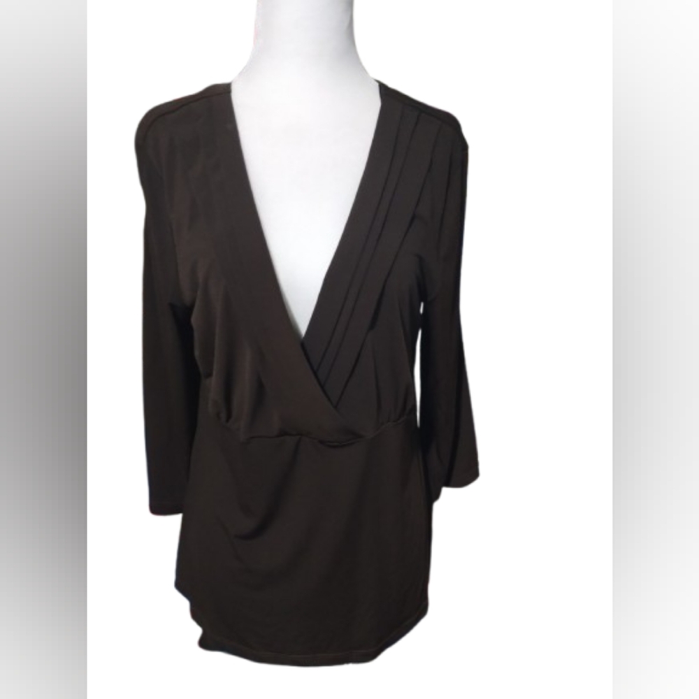 NWOT AGB Deep V-Neck Dark Brown Blouse, Mid Sleeve Size L